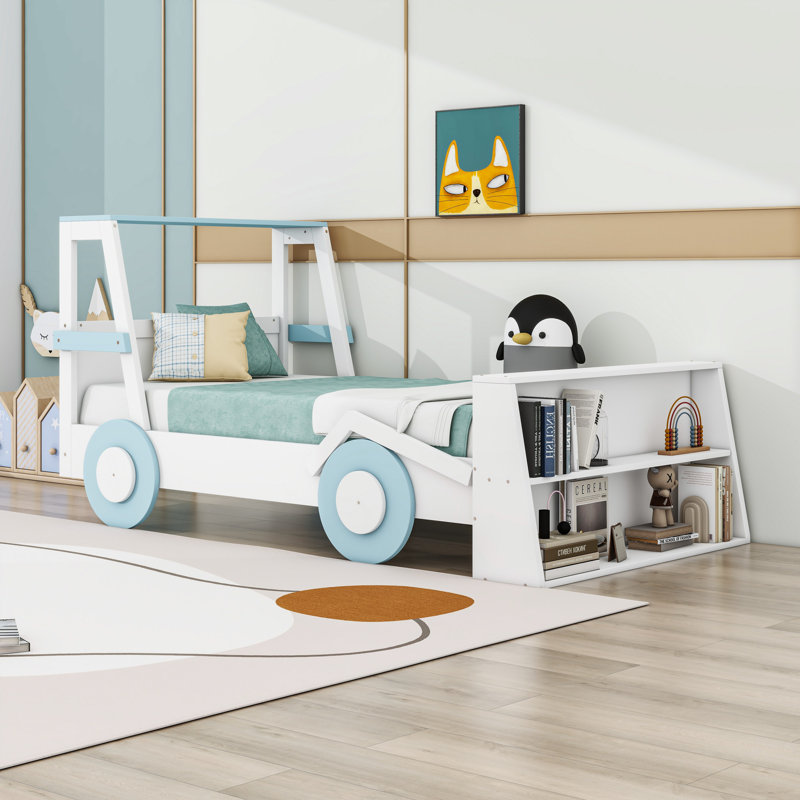 Lit plateforme avec tablettes de rangement, Bleu/blanc
