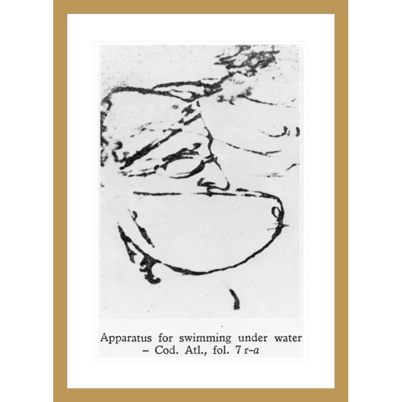 Appareil pour nager sous l'eau, feuillet 7r-a du Codex Atlanticus par Leonardo Da Vinci - Impression Giclée encadrée