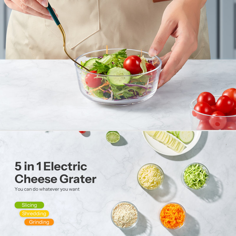 Râpe à fromage électrique et à salade: 5 pales multiples, commande à une touche, parfaite pour les légumes, les fromages et les noix