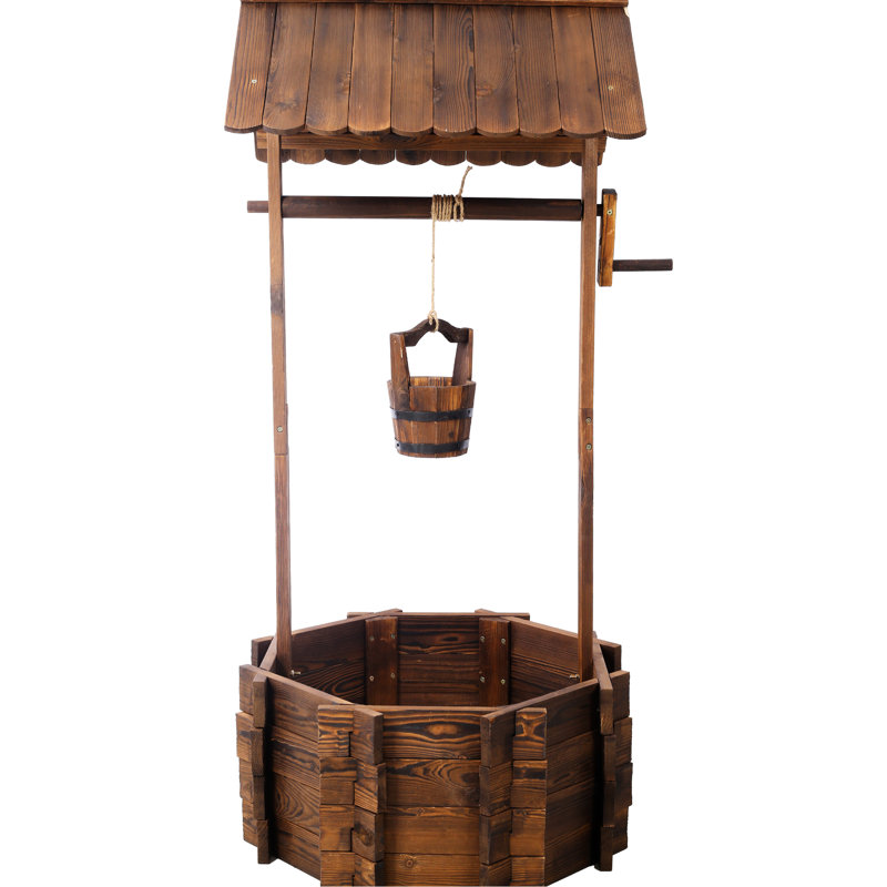 Outdoor Rustic Wooden Well Planter With Hanging Bucket And Shade Perseverance, 25X25x53, Brown Garden Wishing In Wood Tempt, 25X25x53