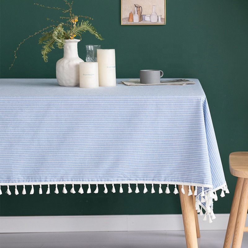 Blue Striped Tasseled Cotton Blend Tablecloth