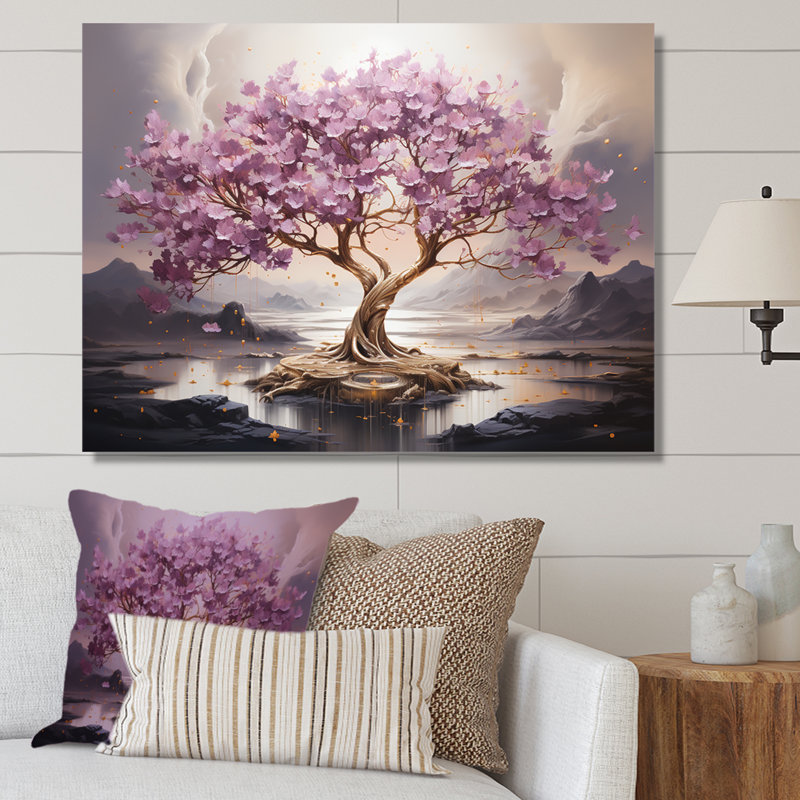 Fleur de cerisier mauve au bord du lac I - Art mural cerisier en fleurs, Toile tendue, H 16 po x l 32 po x P 1 po