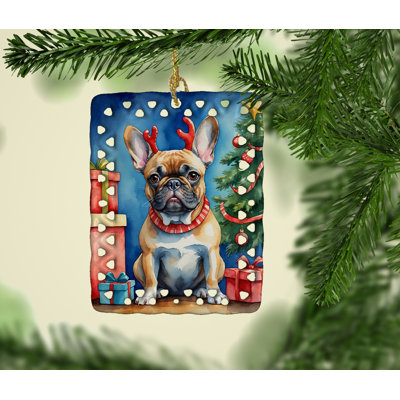 Ornement en porcelaine Bouledogue français renne de Noël