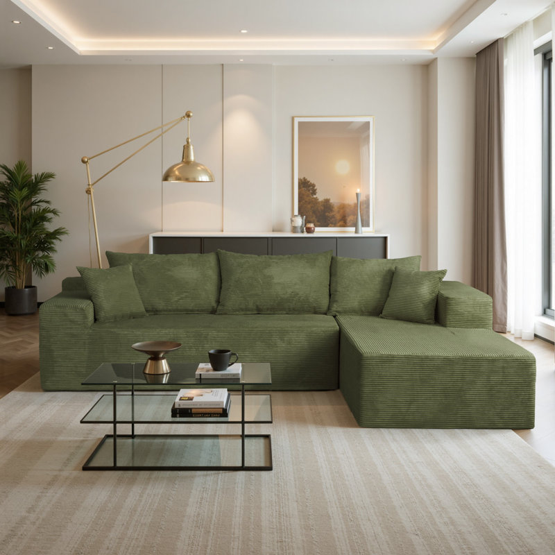 Kustas 2 - Piece No Assembly Required Upholstery Boneless Sofa with Pillow, Green Corduroy