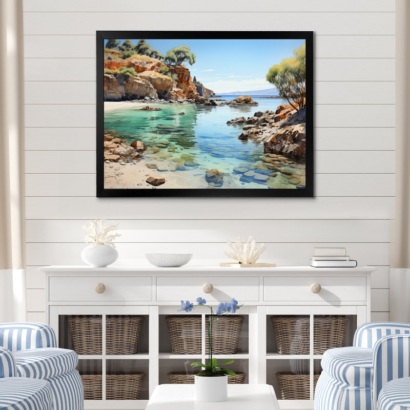 Rocky Beach Seaside Reflections II - Nautical & Beach Wall Decor, H 12 po x l 20 po x P 1 po, Cadre simple noir