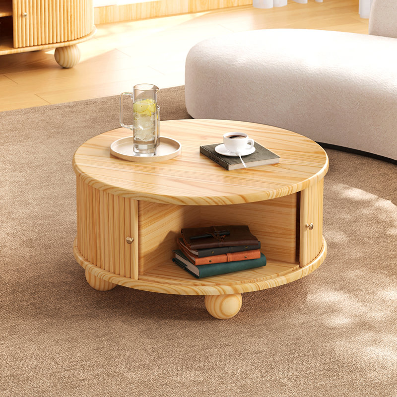 Table basse ronde cannelée avec rangement, bois massif de pin, porte coulissante, naturel, 31,8 po