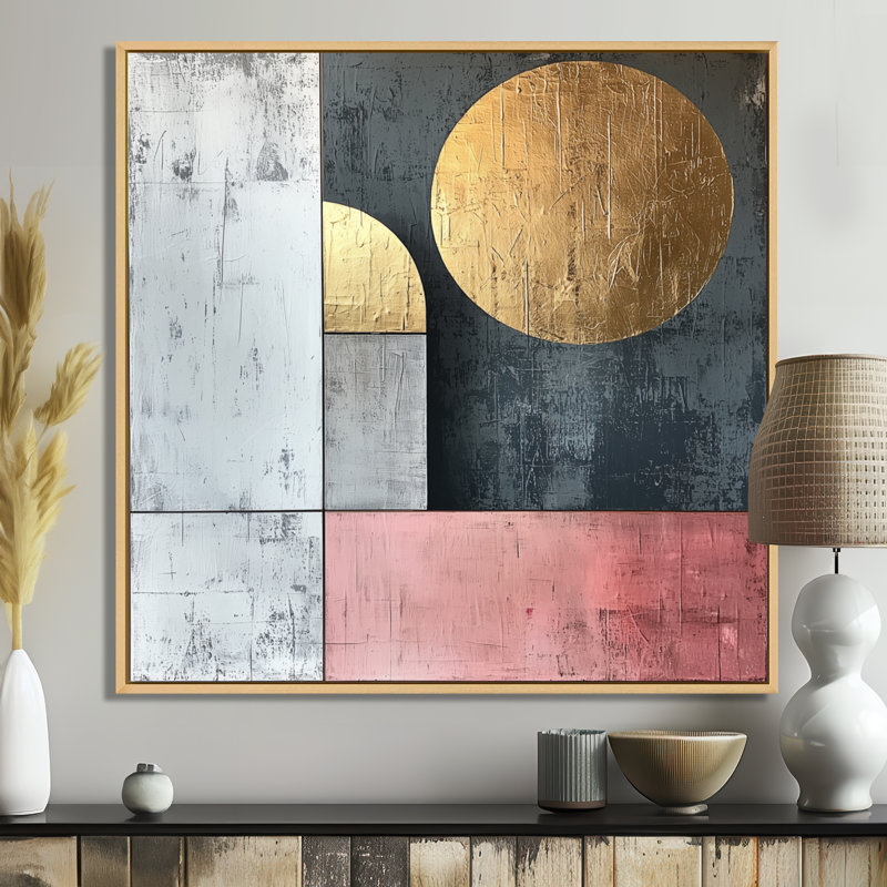 Motif géométrique abstrait géométrique doré rose et gris, H 16 po x l 16 po, Impression encadrée flottante, Crème, crème