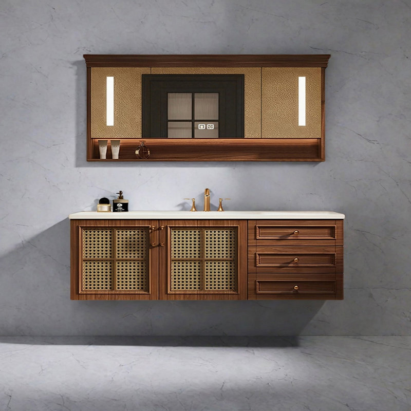 Retro-style rattan bathroom cabinet, 21.65" H x 62.99" W x 21.65" D