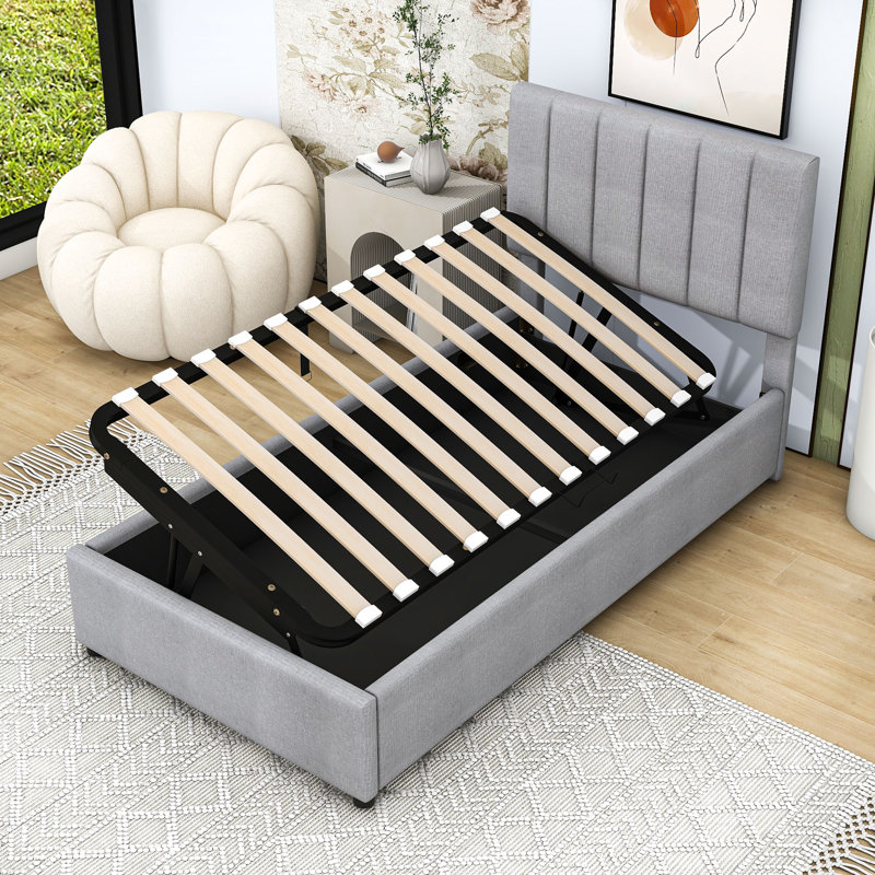 Lit plateforme simple tapissier hydraulique avec rangement en lin, gris