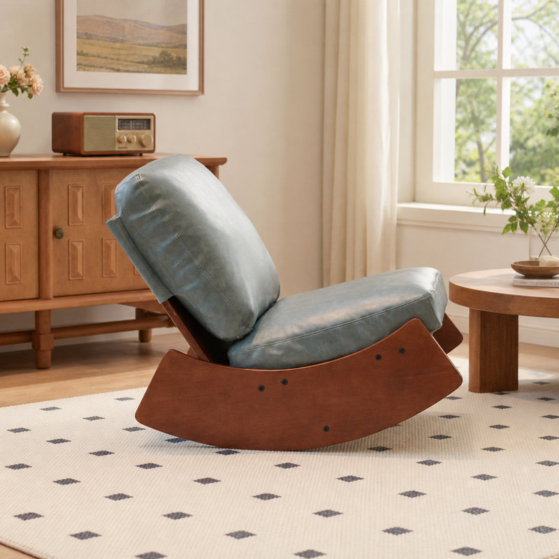 Fauteuil à bascule planeur en similicuir bleu avec structure en bois massif