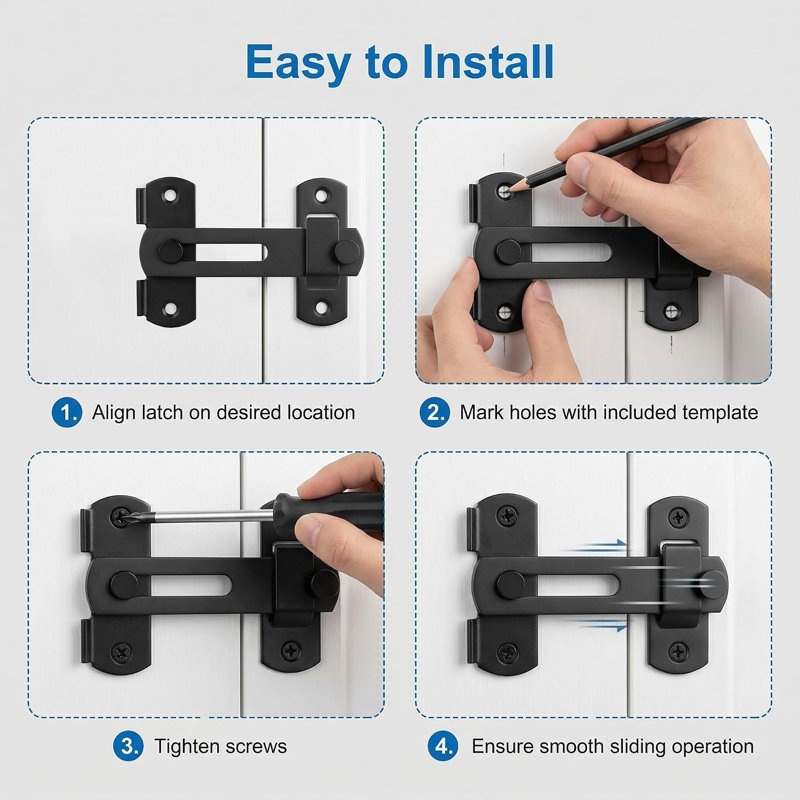 2 Pack Sliding Barn Door Latch, Carbon Steel Gate Lock Hardware for Cabinet, Window & Closet, Black