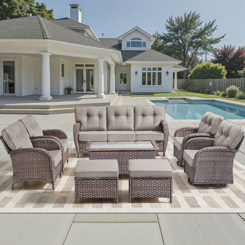 8-Piece Patio Furniture Complete Set, All-Weather Outdoor Seating Set With Swivel Glider Chairs, Gray