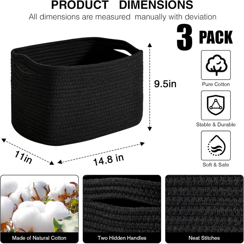 Ensemble de 3 paniers de rangement en corde tissée noir