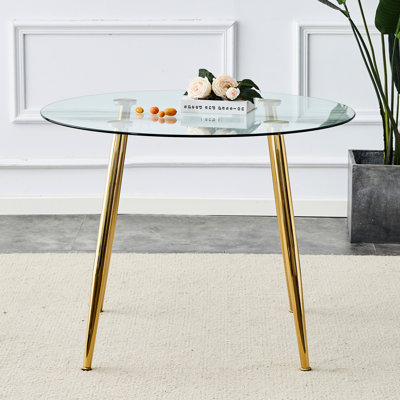 40 - Inch Round Dining Table With Golden Metal Legs And Transparent Smooth Glass, Easy To Assemble, Ideal For Home Glass Four Electroplated Legs, Stable Structure, Suitable Various Rooms