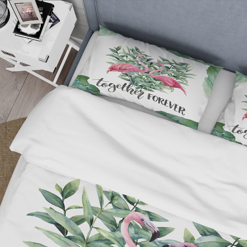 Flamant rose cœur floral avec feuilles d'eucalyptus - ensemble de housse de couette traditionnel - microfibre de polyester
