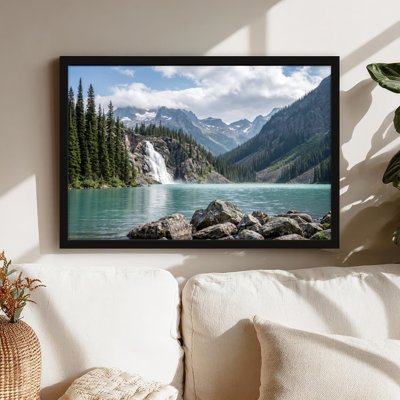 Toile noire encadrée en bois noir pour salon, chambre à coucher, bureau ou vestibule - décoration murale décorative avec lac de montagne