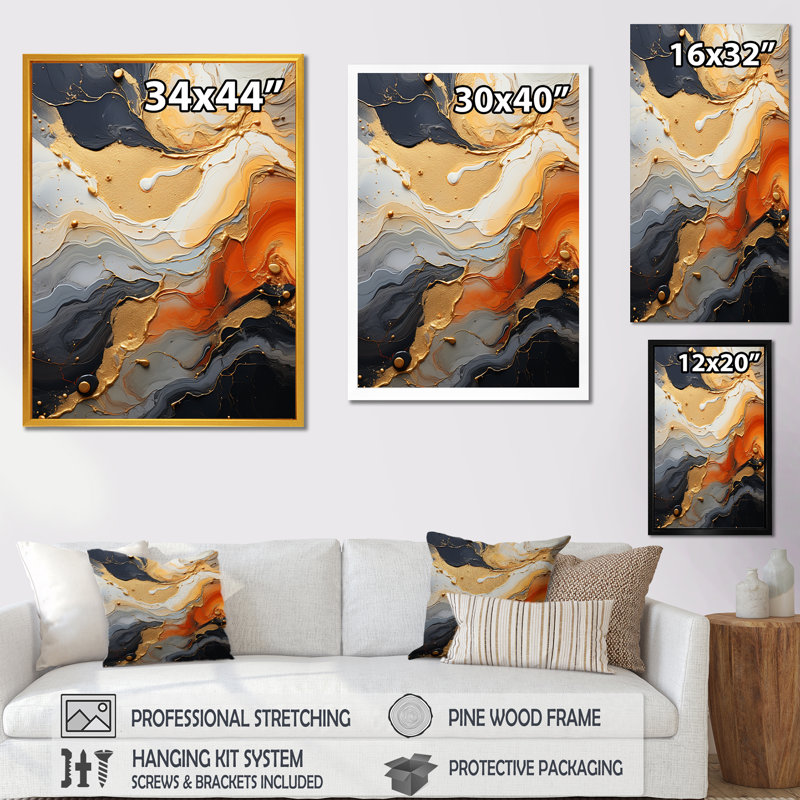 Art mural doré et blanc Geode Lava II, Cadre simple noir, H 32 po x l 16 po x P 1 po