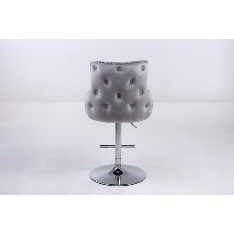 Swifton Swivel Upholstered and Velvet Adjustable Height Bar Stool with Stainless Steel Frame, Silver Grey