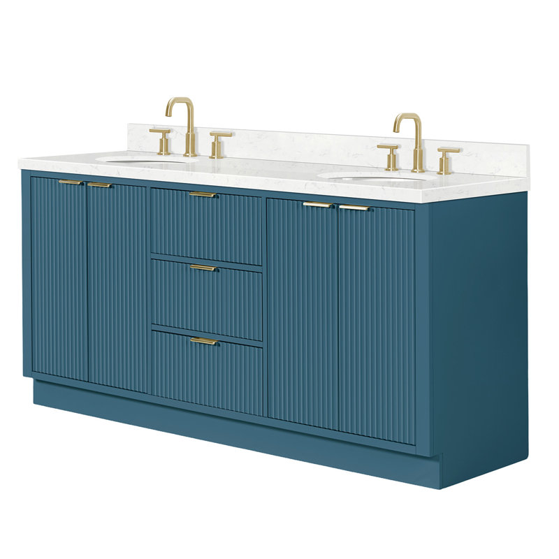 Haun 72'' Solid Wood Double Bathroom Vanity with 1.5'' Carrara Quartz Top, Oval, Vintage Blue