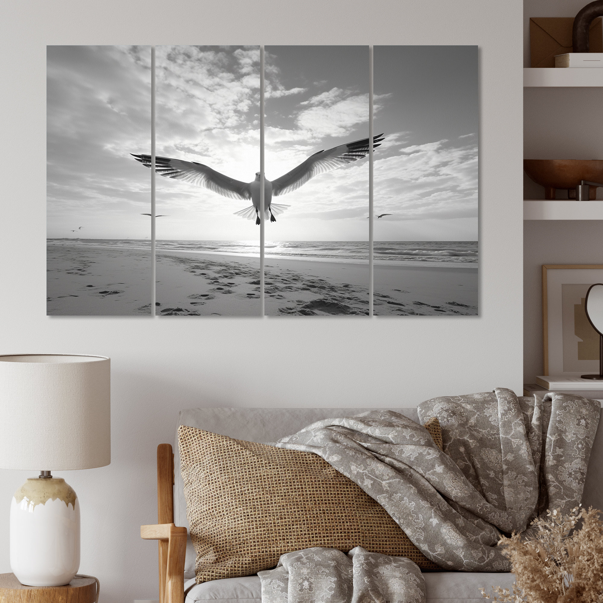 Design Art Grey Beach Seagulls In Flight II - Animals Metal Wall Decor ...