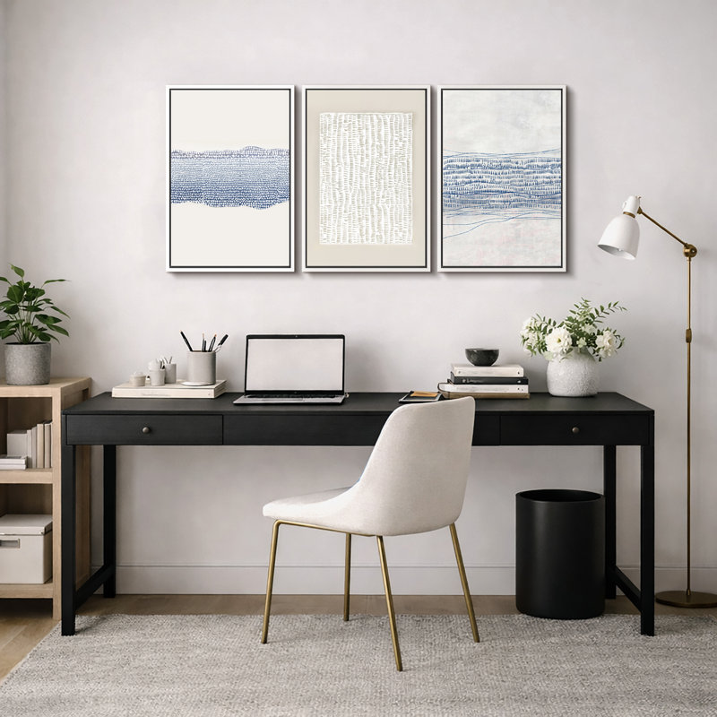 Geometric Line "Grunge Beige Blue Abstract Artwork, Modern Neutral Minimalist Wall Pictures, Large Framed Canvas Giclee Print 3 Pieces Wall Art" 16x24x3 pcs, 24x36x3 pcs