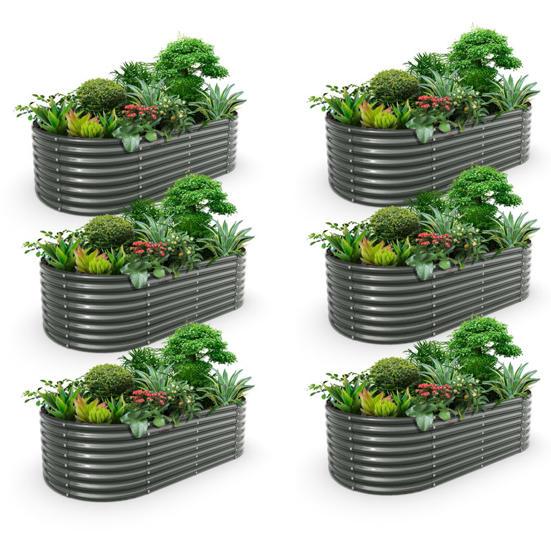 Boîte de 6 pots de fleurs surélevés ovales en métal gris, Gris, 6