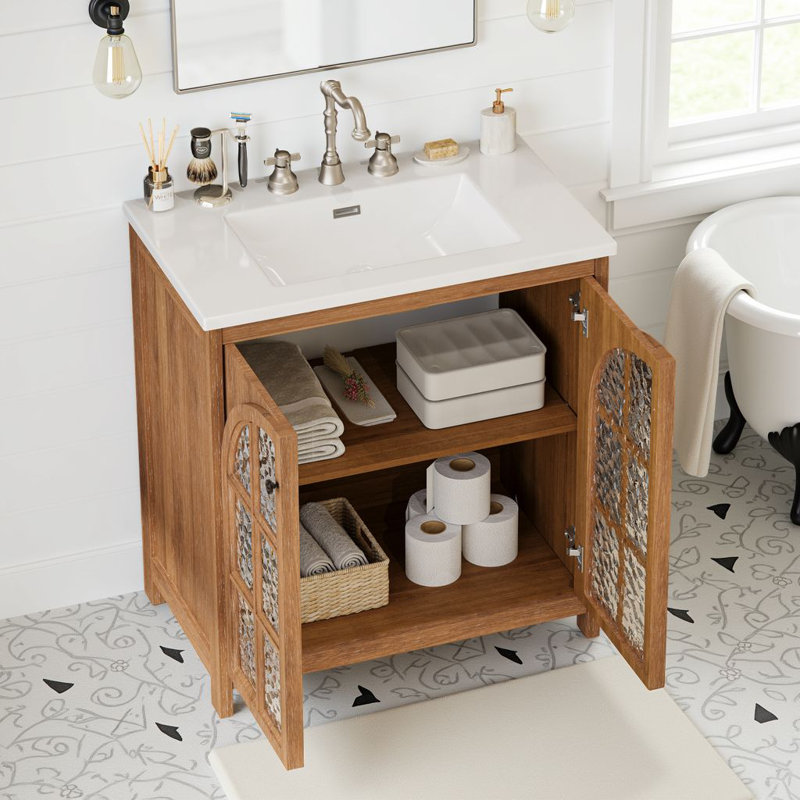 31"  Freestanding Vanity With Ceramic Sink & Tempered Glass Doors, Antique Natural