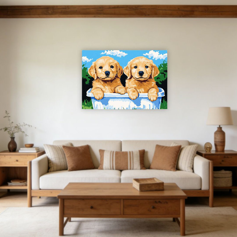 Art mural 24 po x 36 po, décoration murale en toile à dos en bois brun avec chiots mignons