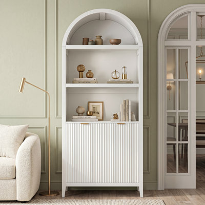 Arched Bookcase with 5 Shelves, 71" Tall Bookshelf with Door, White