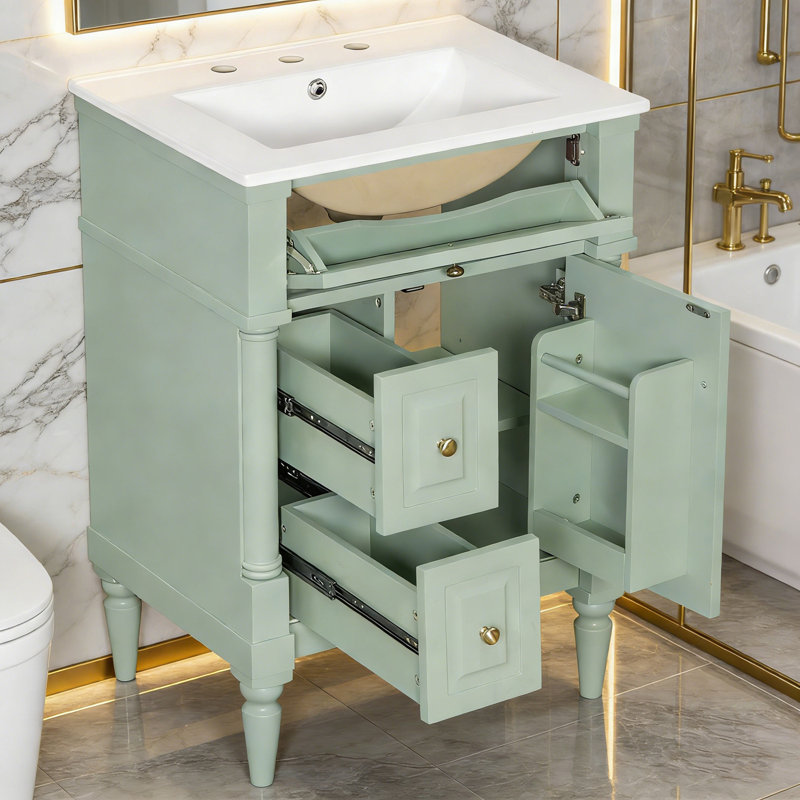 Meuble-lavabo avec lavabo, 2 tiroirs et tablettes de porte, Vert