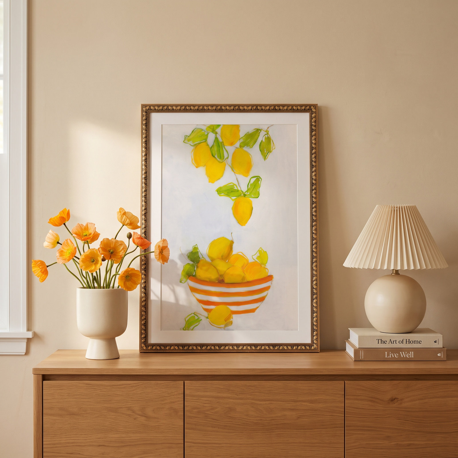 Darcy "Lemonlicious" Painting by Sally Swatland, 35.5" H x 25.5" W x 1.13" D, Gold Bead Framed Paper