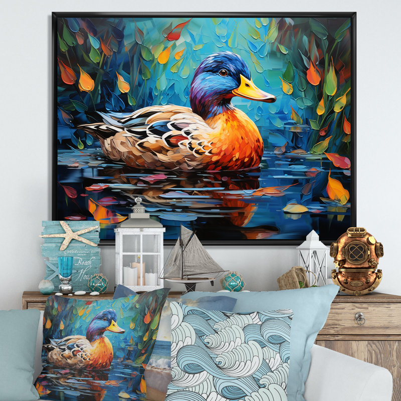 Fauve canard II, art mural, Cadre d'angle fermé doré, H 34 po x l 44 po x P 1,5 po