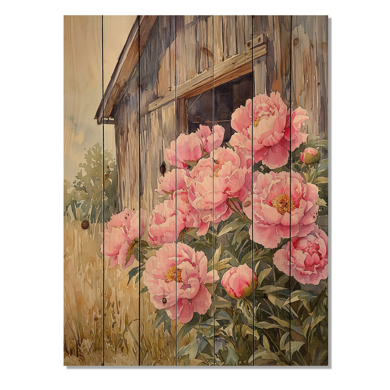 Pivoines dans la brise de basse-cour I - décoration murale en bois de pivoines - sur bois de pin naturel