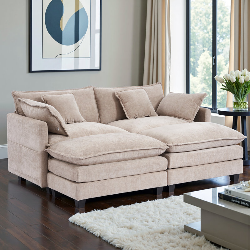 Chenille Modular Sleeper Sofa | Cloud Style Convertible Sectional Couch, Soft Fabric, Modern Living Room Furniture