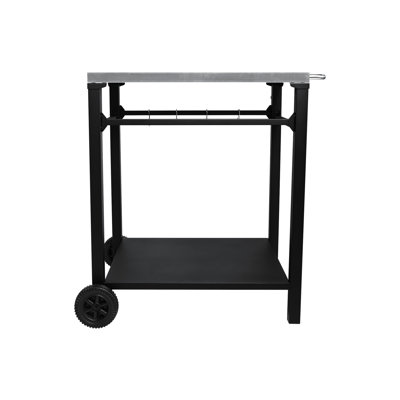 Chariot de barbecue extérieur à 2 niveaux, plateau en acier inoxydable, cadre noir, grandes roues, crochets à outils, table de préparation pour barbecue, cour arrière, four à pizza