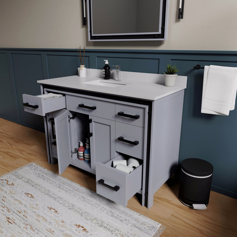 Meuble-lavabo simple 48 po de largeur x 22 po de profondeur, comptoir en quartz blanc, Quartz blanc