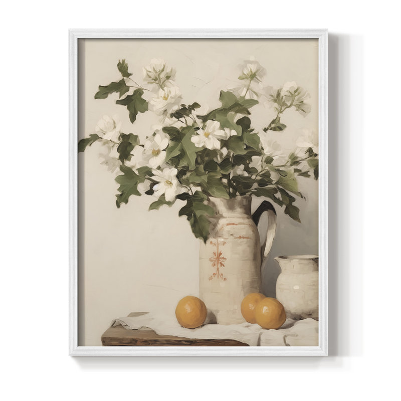 Impression florale rétro Vintage encadrée - bois massif, H 30 po x l 24 po, Blanc