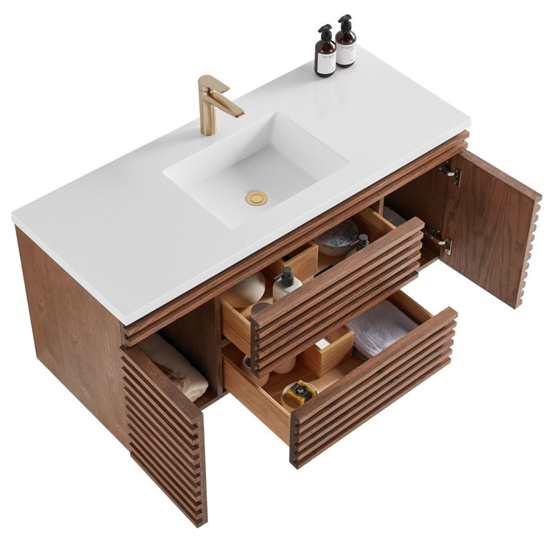 Gibson 48" Wall Mounted Single Bathroom Vanity with Top, Dark Wood, 48"