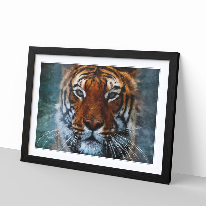 Tiger In The Blue - Single Picture Frame Painting on MDF, Black, 62cm H x 87cm W x 2cm D
