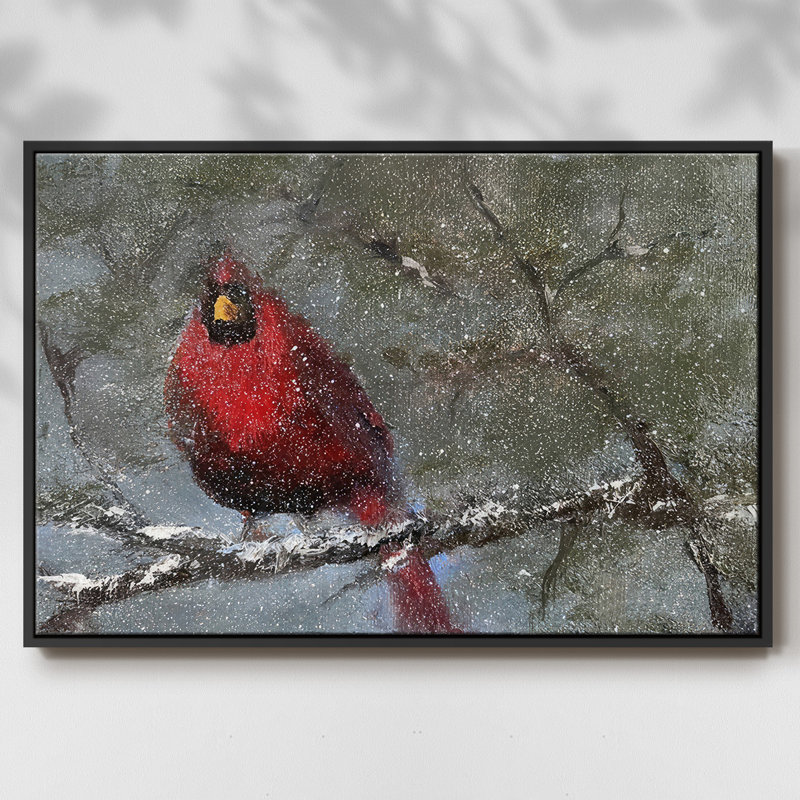 «Cardinal in Snow», toile tendue avec châssis en I, H 27 po x l 41 po x P 1,5 po, Cadre flottant noir