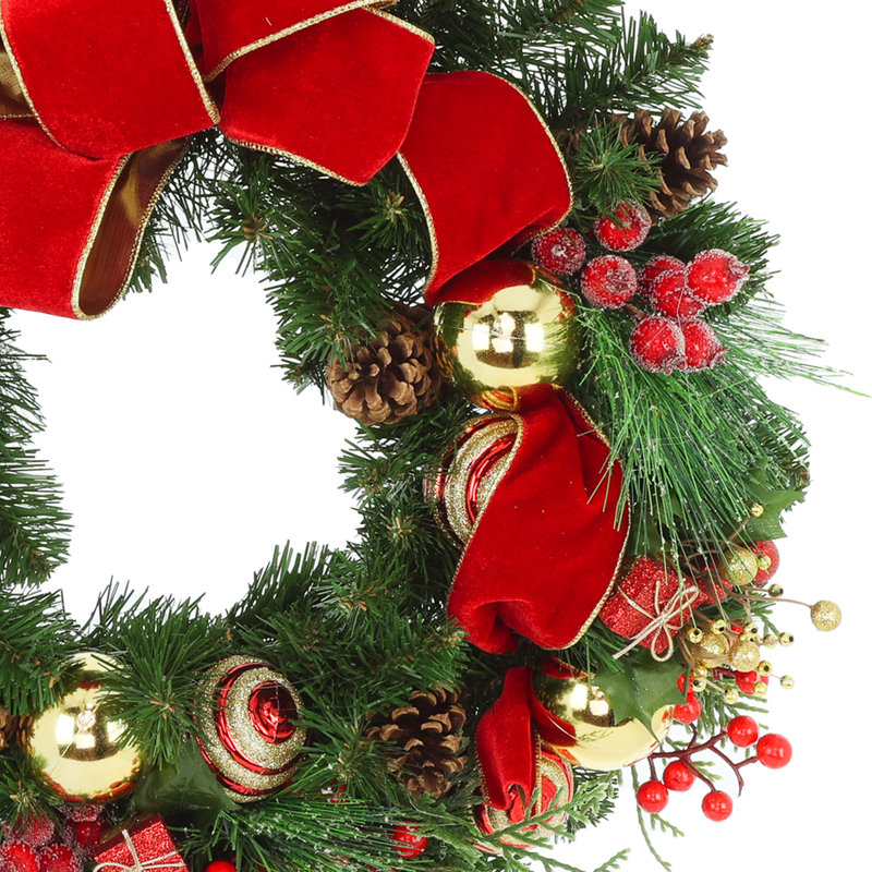 Festive Red and Gold Holiday Wreath with Berries, Ornaments and Pinecones, Green/Red/Gold