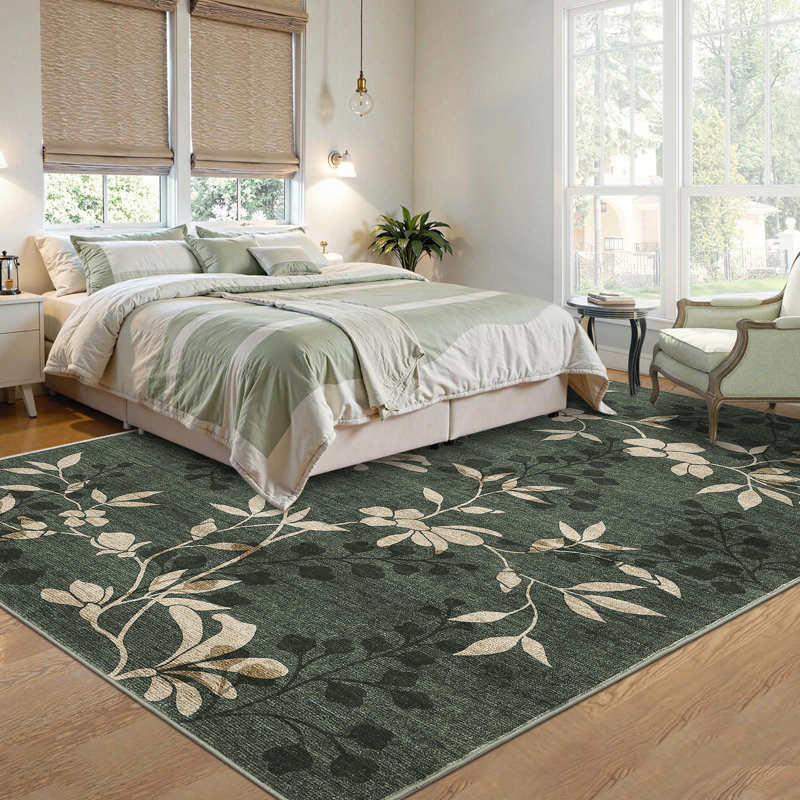 Floral Machine Washable Rug with Non-Slip Backing, Stain-Resistant Soft Low Pile Floor Mats, Foldable Farmhouse Indoor Carpet for Bedroom, Nursery
