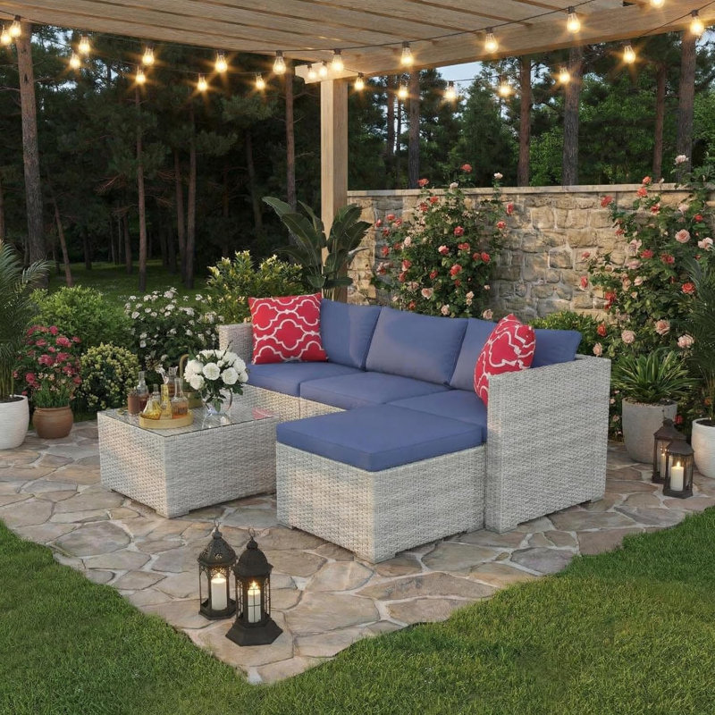 5-Piece Outdoor Patio Sectional Set with Ottoman & Tempered Glass Table, Convertible PE Rattan Sofa Set, All-Weather Garden, Backyard, Porch, and Poolside Furniture