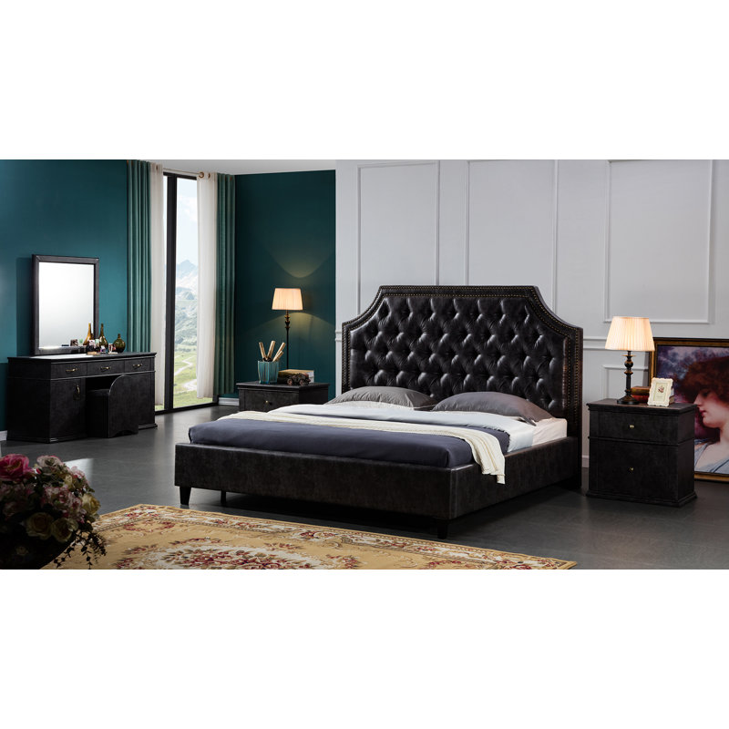 Vegan Leather Platform Bed, Brown, Queen