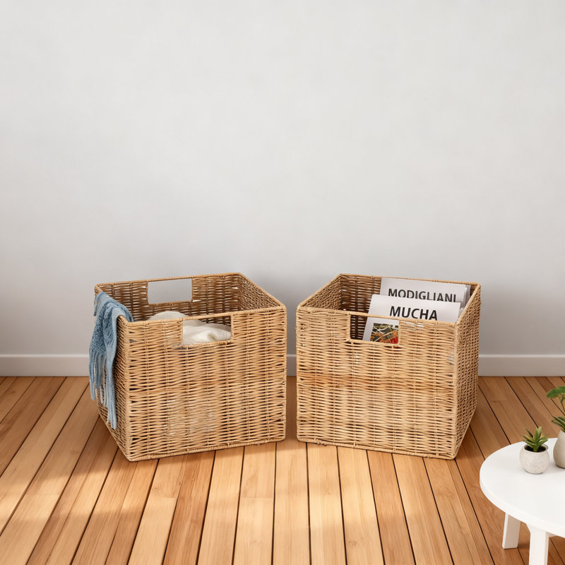 Storage Baskets 3-Pack, Handwoven Plastic Wicker Organizer Bins With Handles For Shelves, Pantry, Bedroom, Bathroom And Living Room