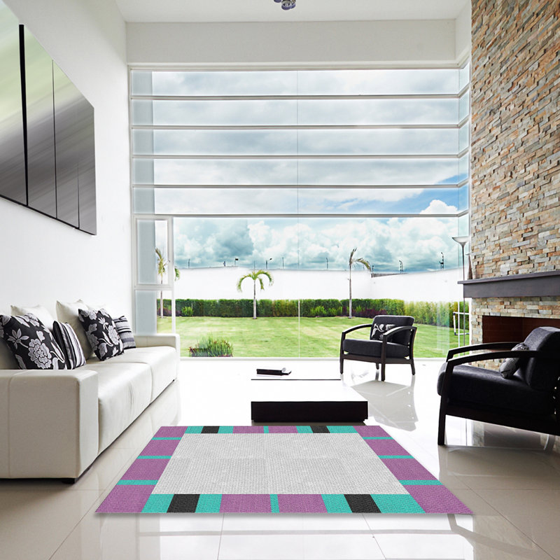 Tapis gris/vert/mauve à motifs, Carré 5 pi