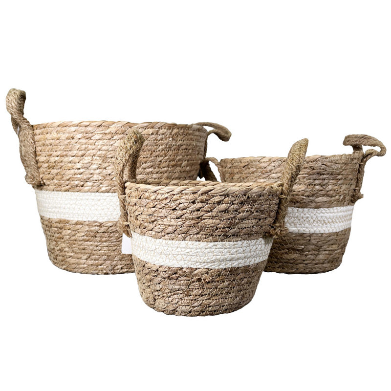 Set of 3 Nesting Basket Planters for Indoor Plants with Handles for Home Décor, Beige
