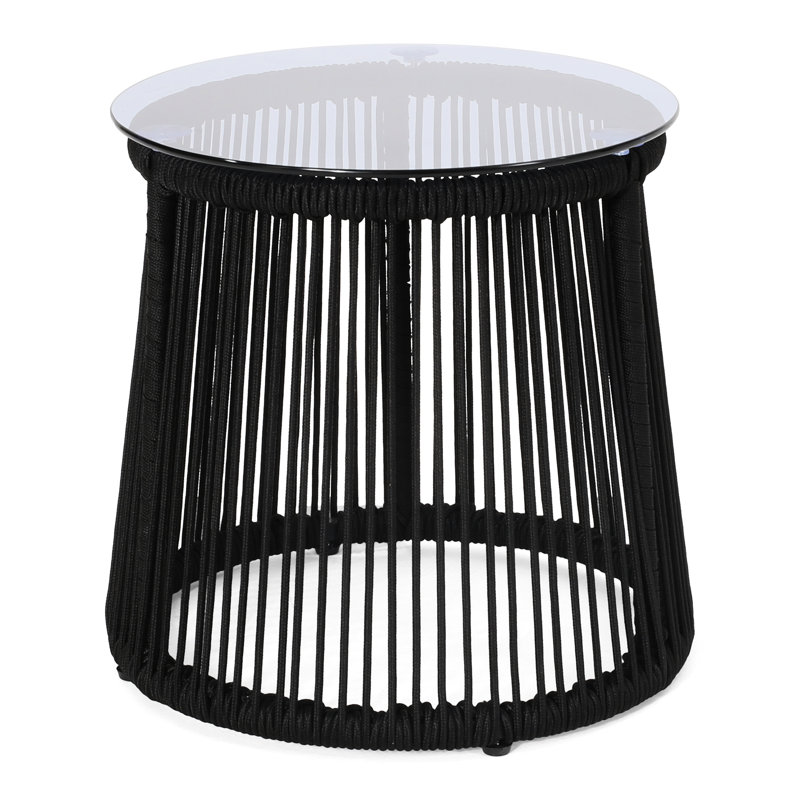 15.1" Square Side Table With Rope Weave And Tempered Glass Modern Outdoor Woven