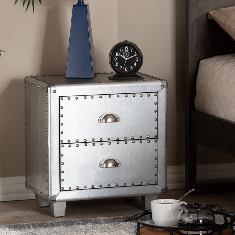  Davet French Industrial Style 2 Drawer Silver Metal Nightstand with Storage