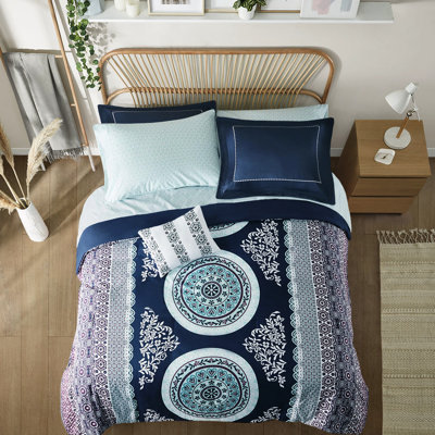 Ensemble d'édredon pour lit simple et ensemble de draps - imprimé médaillon bleu marine, taies décoratives brodées, édredon doux et tout compris, draps, qualité brodée